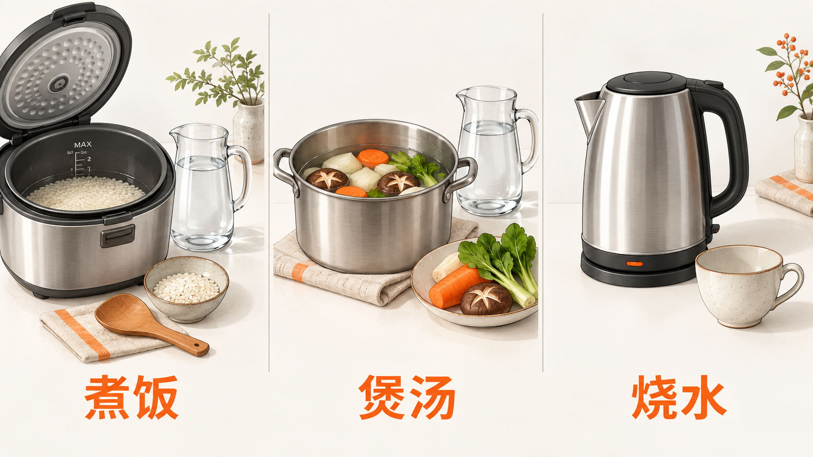 净水用进煮饭、煲汤和烧水三个环节｜用水场景示意